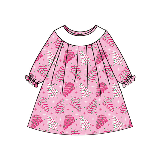( Moq 5 ) Preorder Baby Girl Pink Long Sleeves Cake Trees Christmas Knee Length Dress