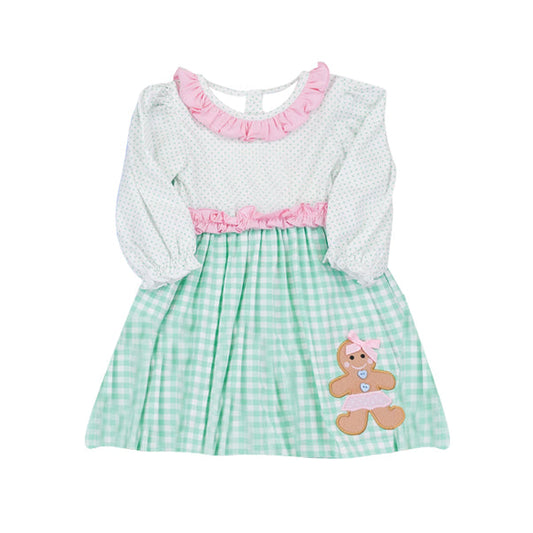 ( Moq 5 ) Preorder Baby Girl Long Sleeves Gingerbread Plaid Christmas Knee Length Dress