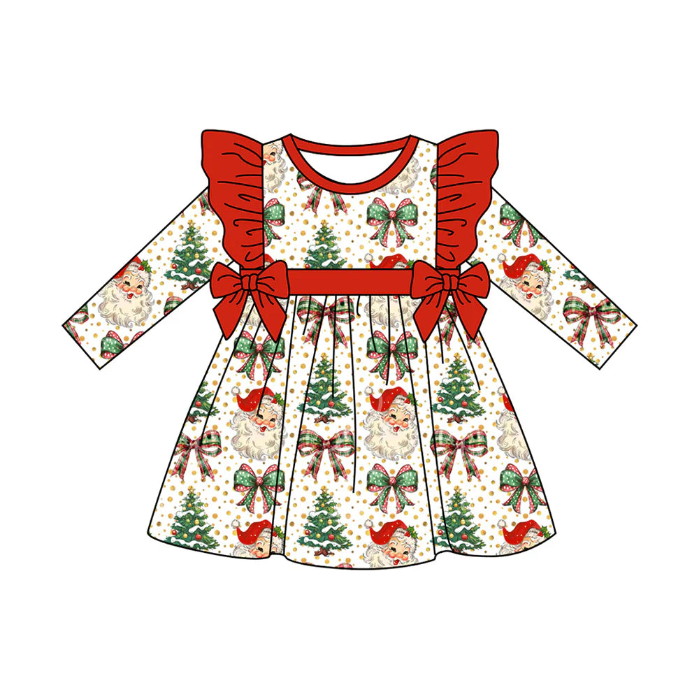 ( Moq 5 ) Preorder Baby Girl Toddler Long Sleeves Santa Tree Bows Christmas Ruffle Knee Length Dress