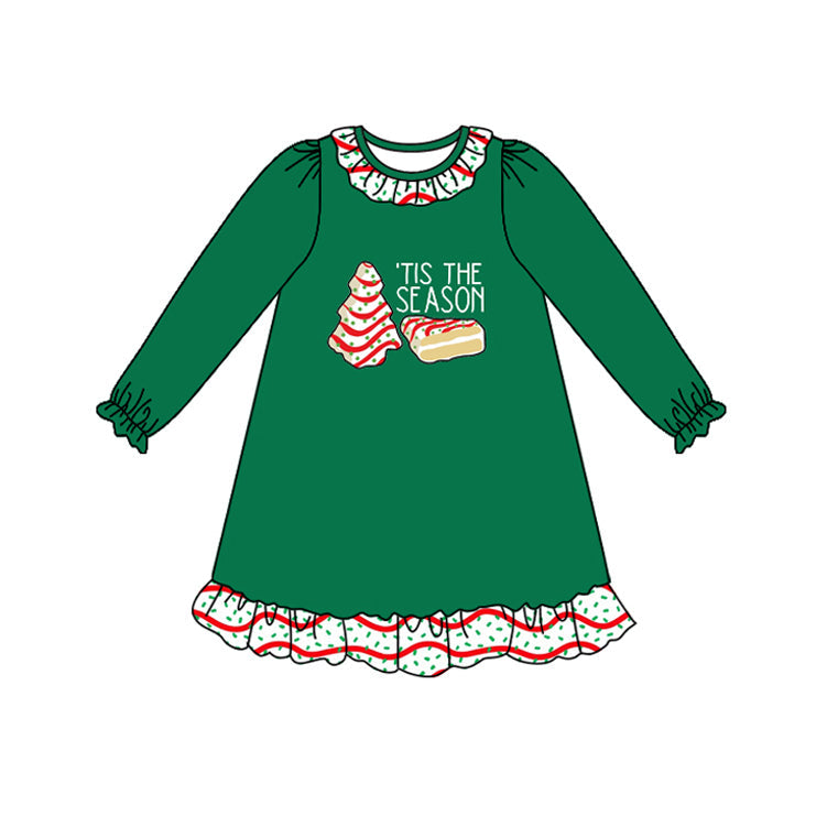 ( Moq 5 ) Preorder Baby Girl Long Sleeves Cakes Christmas Green Ruffle Knee Length Dress