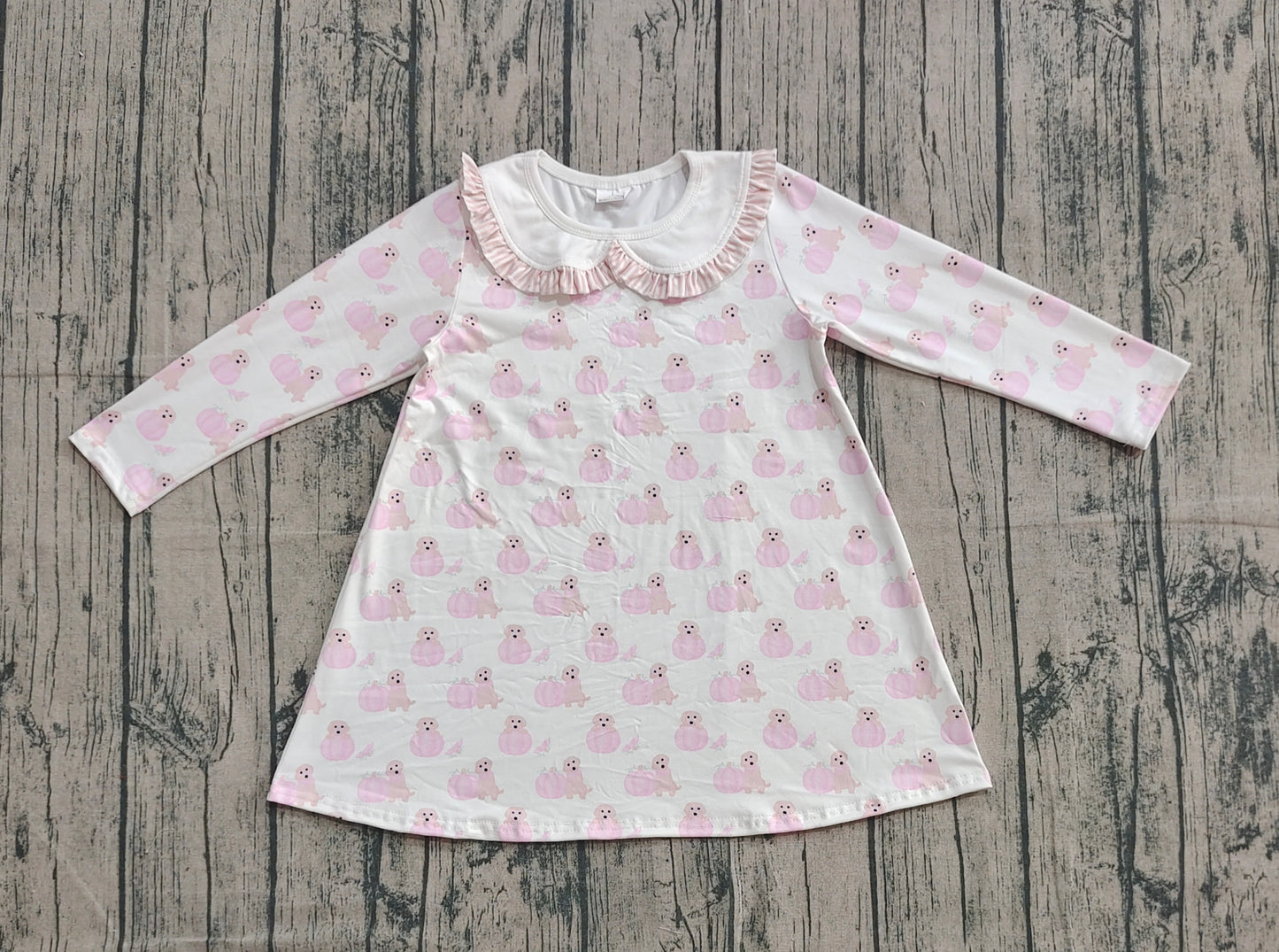 ( No moq ) Preorder Baby Girl Long Sleeves Pumpkins Dogs Pink Fall Knee Length Dress