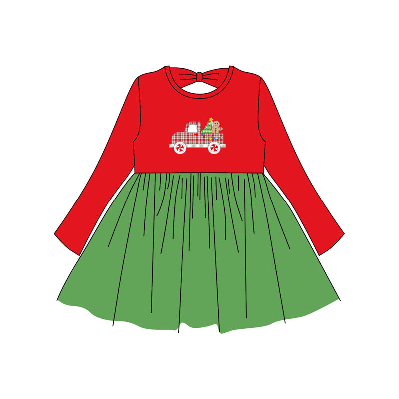 ( Moq 5 ) Preorder Baby Girl Long Sleeves Christmas Truck Red Green Knee Length Dress