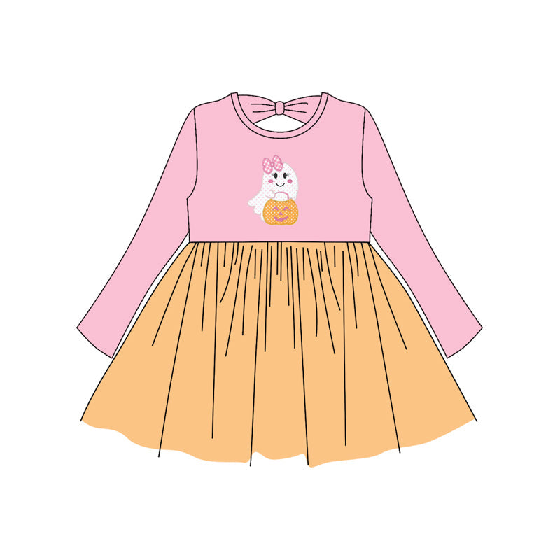 ( Moq 5 ) Preorder Baby Girl Long Sleeves Halloween Ghost Pumpkin Pink Orange Knee Length Dress
