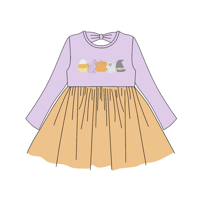 ( Moq 5 ) Preorder Baby Girl Long Sleeves Halloween Ghost Pumpkin Purple Orange Knee Length Dress