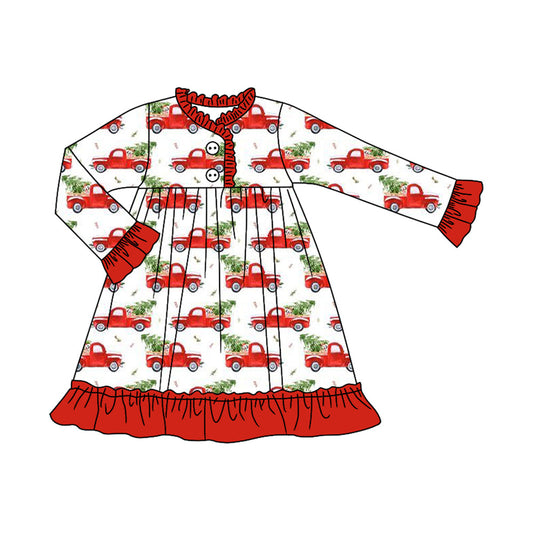 ( Moq 5 ) Preorder Baby Girl Long Sleeves Trucks Tree Christmas Red Ruffle Pajamas Dress