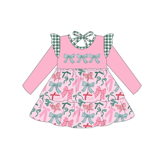 ( Moq 5 ) Preorder Baby Girl Long Sleeves Christmas Bows Pink Knee Length Dress