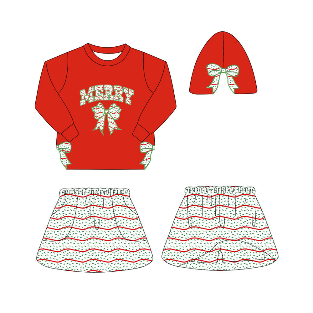 ( Moq 5 ) Preorder Baby Girl Red Long Sleeves Merry Bows Shirt Cakes Skort Christmas Set