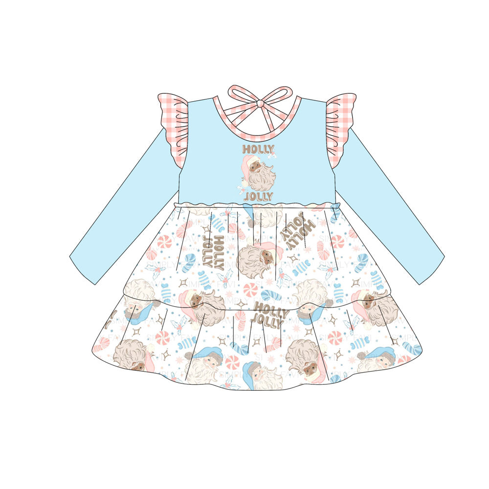 ( Moq 5 )Preorder Baby Girl Blue Long Sleeves Holly Santa Christmas Knee Length Dress