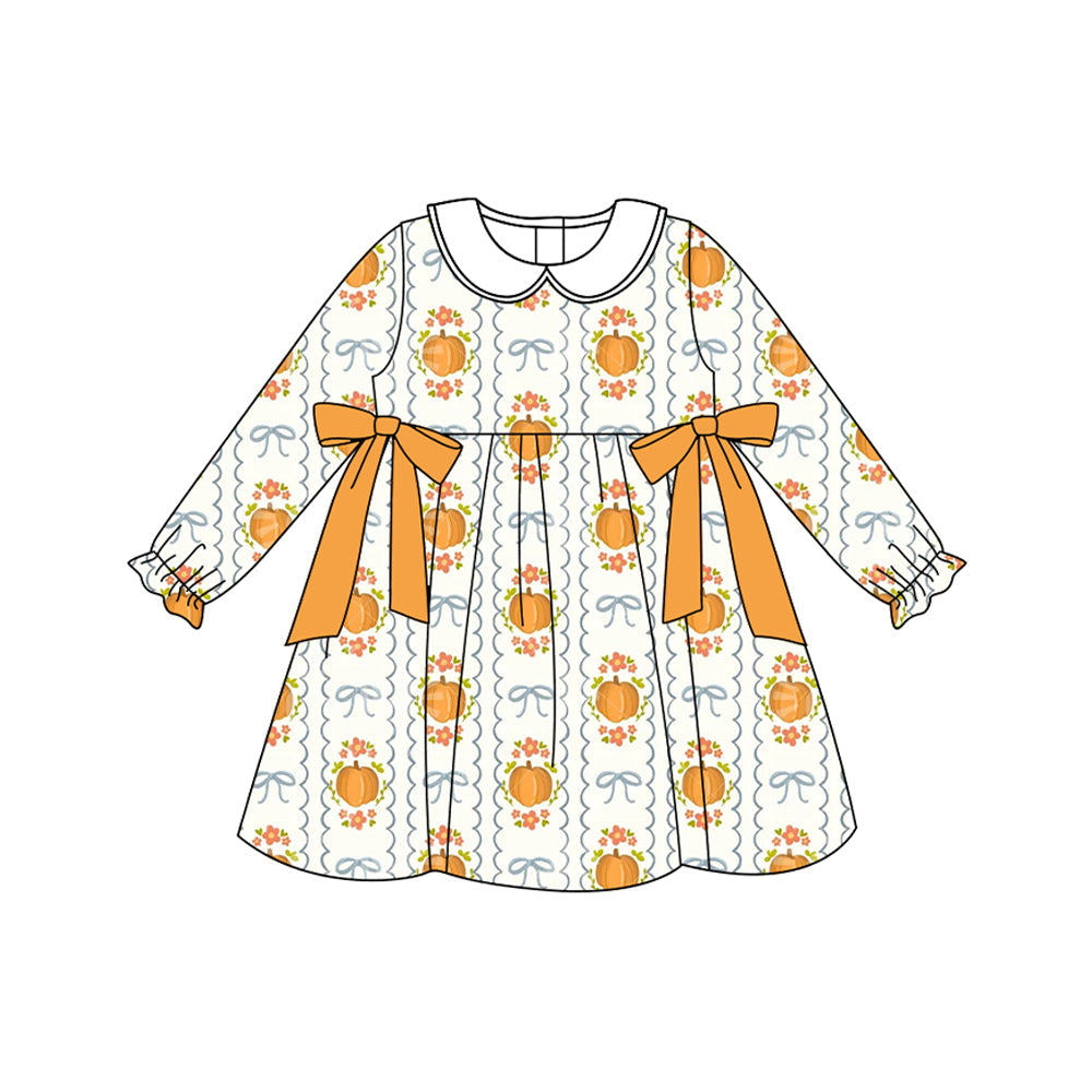 ( Moq 5 ) Preorder Baby Girl Long Sleeves Pumpkins Flower Bows Fall Knee Length Dress