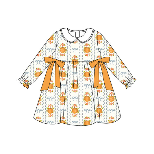 ( Moq 5 ) Preorder Baby Girl Long Sleeves Pumpkins Flower Bows Fall Knee Length Dress