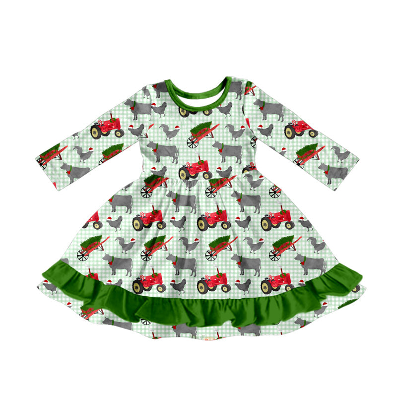 ( Moq 5 ) Preorder Baby Girl Long Sleeves Farm Animals Christmas Green Ruffle Dress