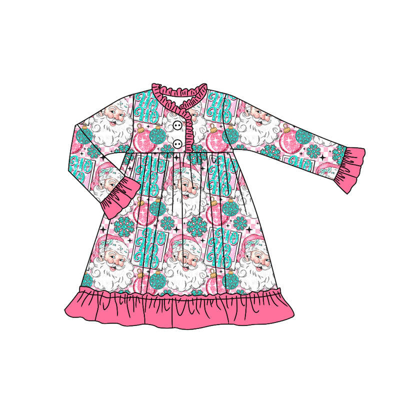 ( Moq 5 ) Preorder Baby Girl Long Sleeves Santa Plaid Christmas Pink Ruffle Gown Pajamas Dress