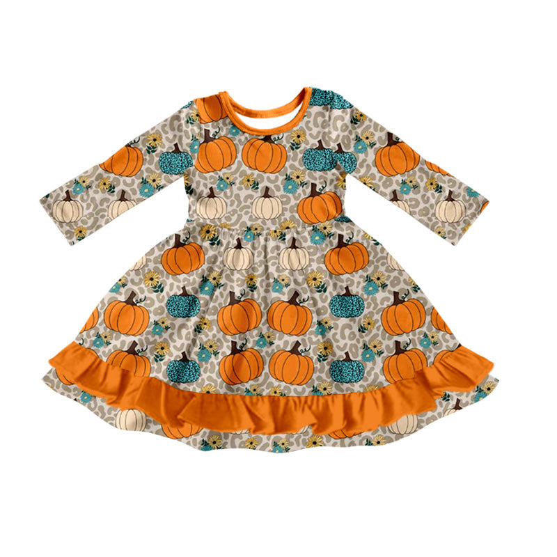 ( Moq 5 ) Preorder Baby Girl Long Sleeves Pumpkins Flower Leopard Fall Ruffle Dress