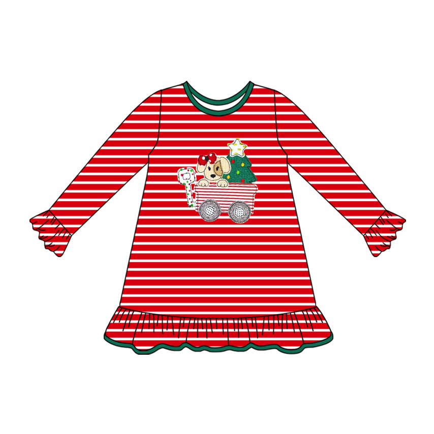 ( Moq 5 ) Preorder Baby Girl Long Sleeves Dog Tree Truck Red Stripes Christmas Knee Length Dress