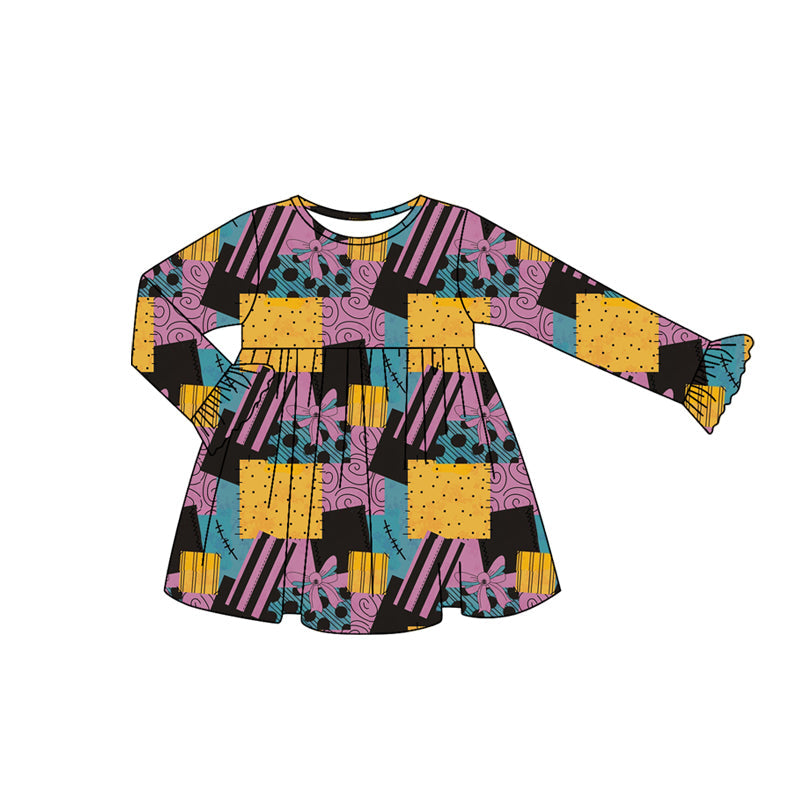 ( Moq 5 ) Preorder Baby Girl Long Sleeves Halloween Bows Plaid Fall Knee Length Dress