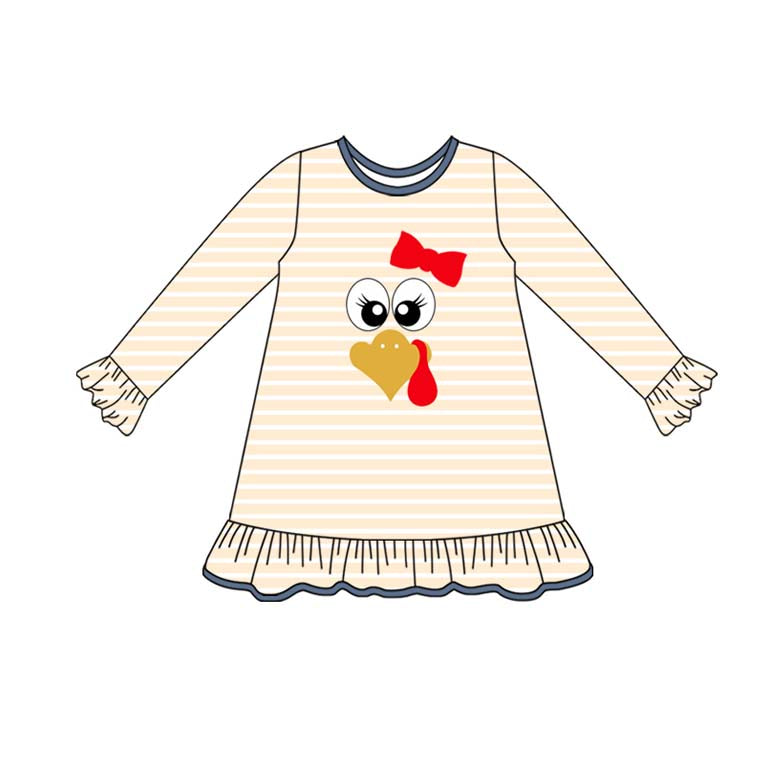 ( Moq 5 ) Preorder Baby Girl Long Sleeves turkey Bow Stripes Ruffle Thanksgiving Fall Dress