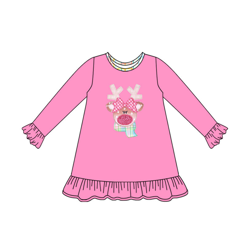 ( Moq 5 ) Preorder Baby Girl Long Sleeves Deer Christmas Knee Length Pink Dress