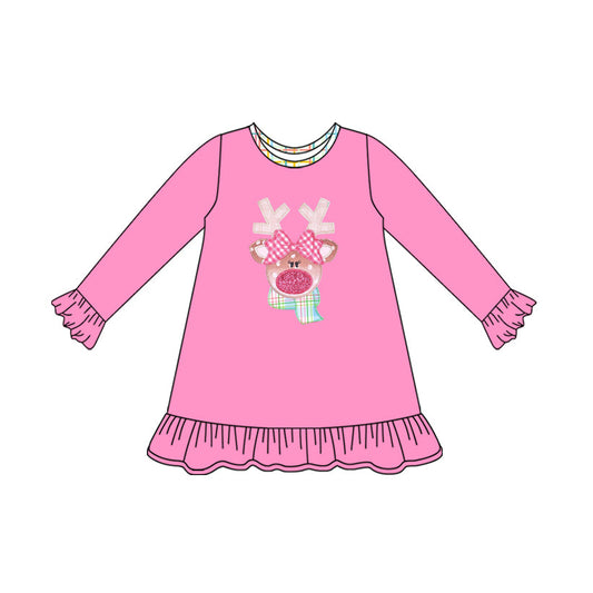( Moq 5 ) Preorder Baby Girl Long Sleeves Deer Christmas Knee Length Pink Dress