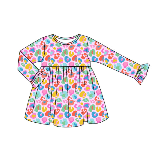 ( Moq 5 ) Preorder Baby Girl Long Sleeves Colorful Leopard Knee Length Dress