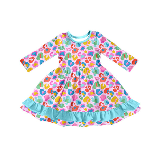 ( Moq 5 ) Preorder Baby Girl Long Sleeves Colorful Leopard Ruffle Knee Length Dress