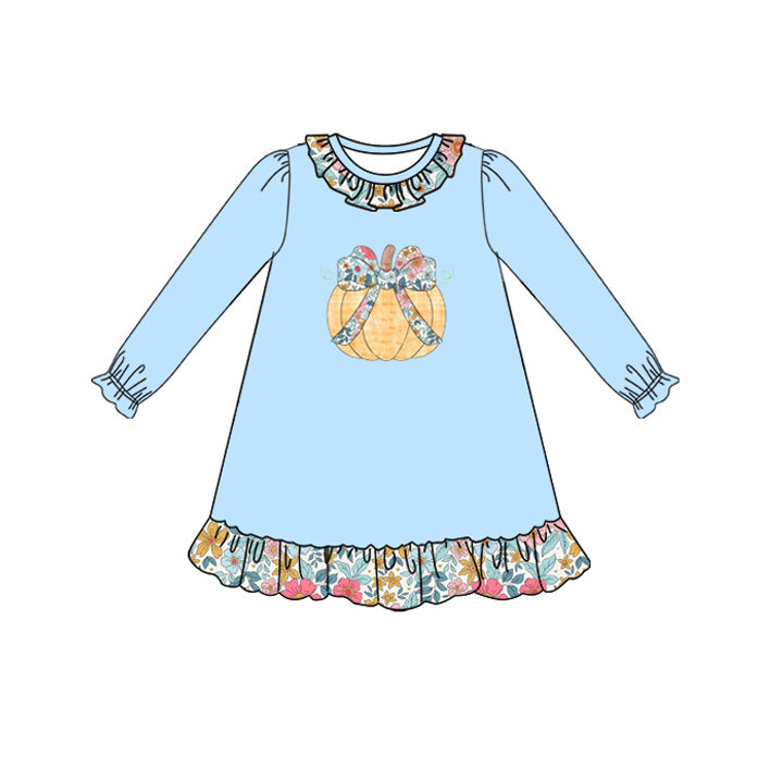 ( Moq 5 ) Preorder Baby Girl Blue Long Sleeves Floral Bow Pumpkin Ruffle Fall Dress