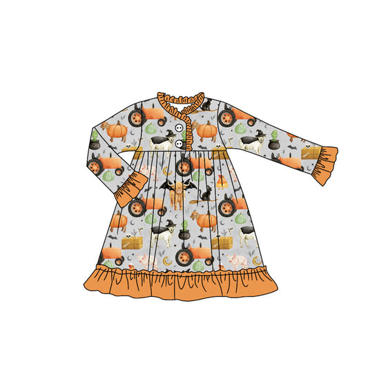 ( Moq 5 ) Preorder Baby Girl Long Sleeves Halloween Pumpkins Farm Animals Ruffle Gown Dress