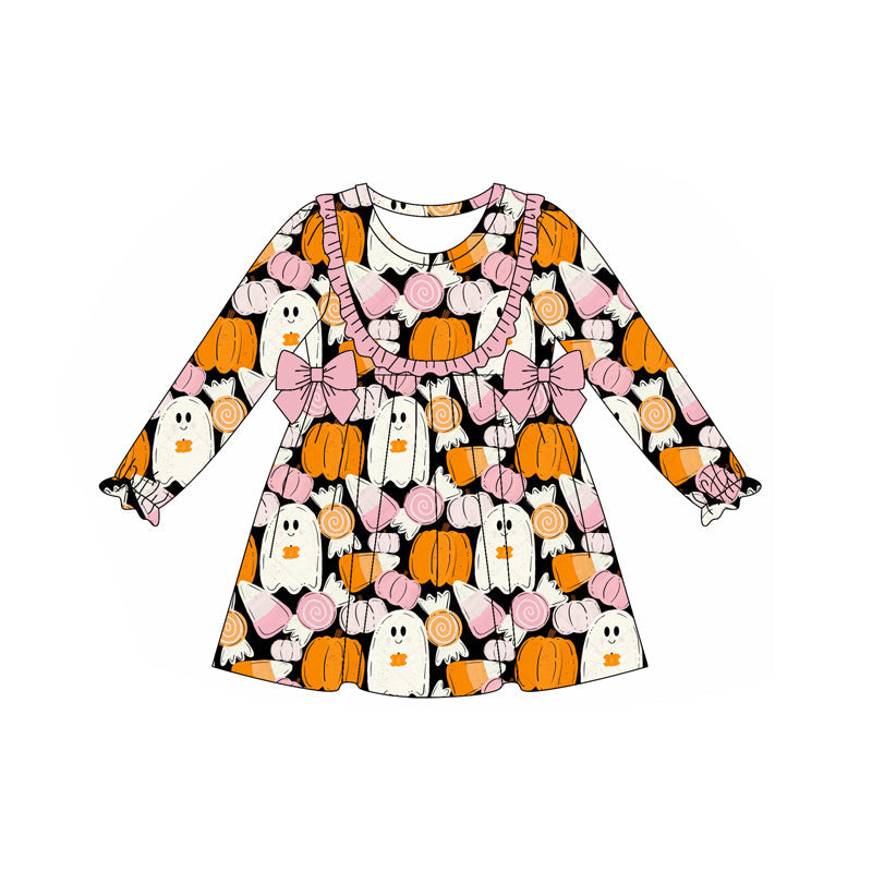 ( Moq 5 ) Preorder Baby Girl Long Sleeves Halloween Pumpkins Ghosts Bows Ruffle Dress