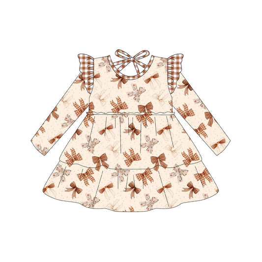 ( Moq 5 ) Preorder Baby Girt Long Sleeves Plaid Bows Fall Knee Length Dress