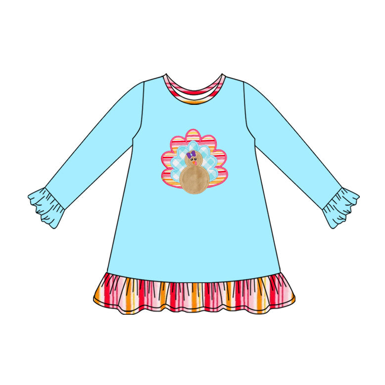 ( Moq 5 ) Preorder Baby Girl Blue Long Sleeves Stripes turkey Thanksgiving Fall Ruffle Dress