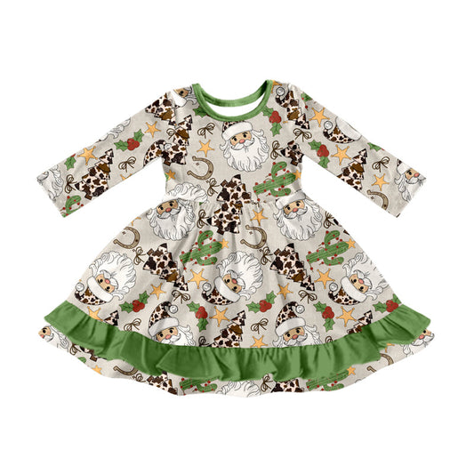 ( Moq 5 ) Preorder Baby Girl Long Sleeves Santa Cactus Christmas Green Ruffle Dress