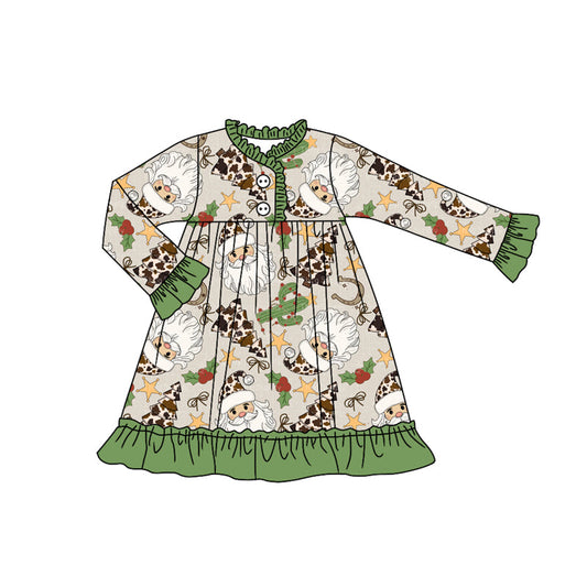 ( Moq 5 ) Preorder Baby Girl Long Sleeves Santa Cactus Christmas Green Ruffle Gown Dress