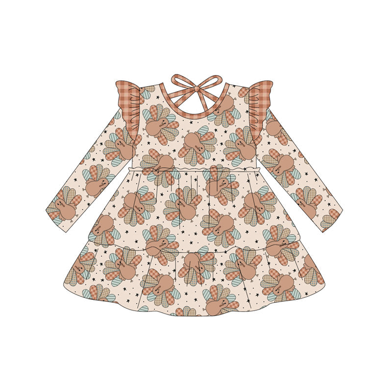 ( Moq 5 ) Preorder Baby Girl Long Sleeves turkey Thanksgiving Fall Knee Length Dress
