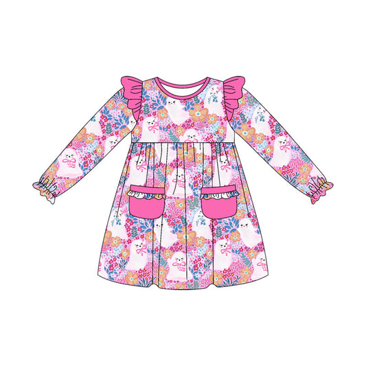 ( Moq 5 ) Preorder Baby Girl Long Sleeves Ghost Bows Flower Pink Pockets Halloween Dress