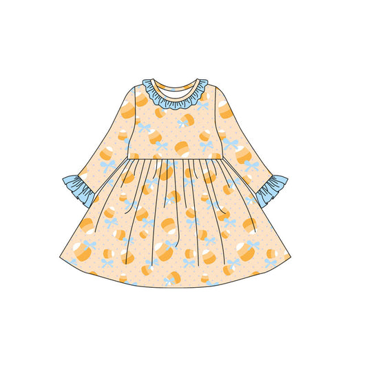 ( Moq 5 ) Preorder Baby Girl Toddler Long Sleeves Candy Corn Bows Halloween Ruffle Dress