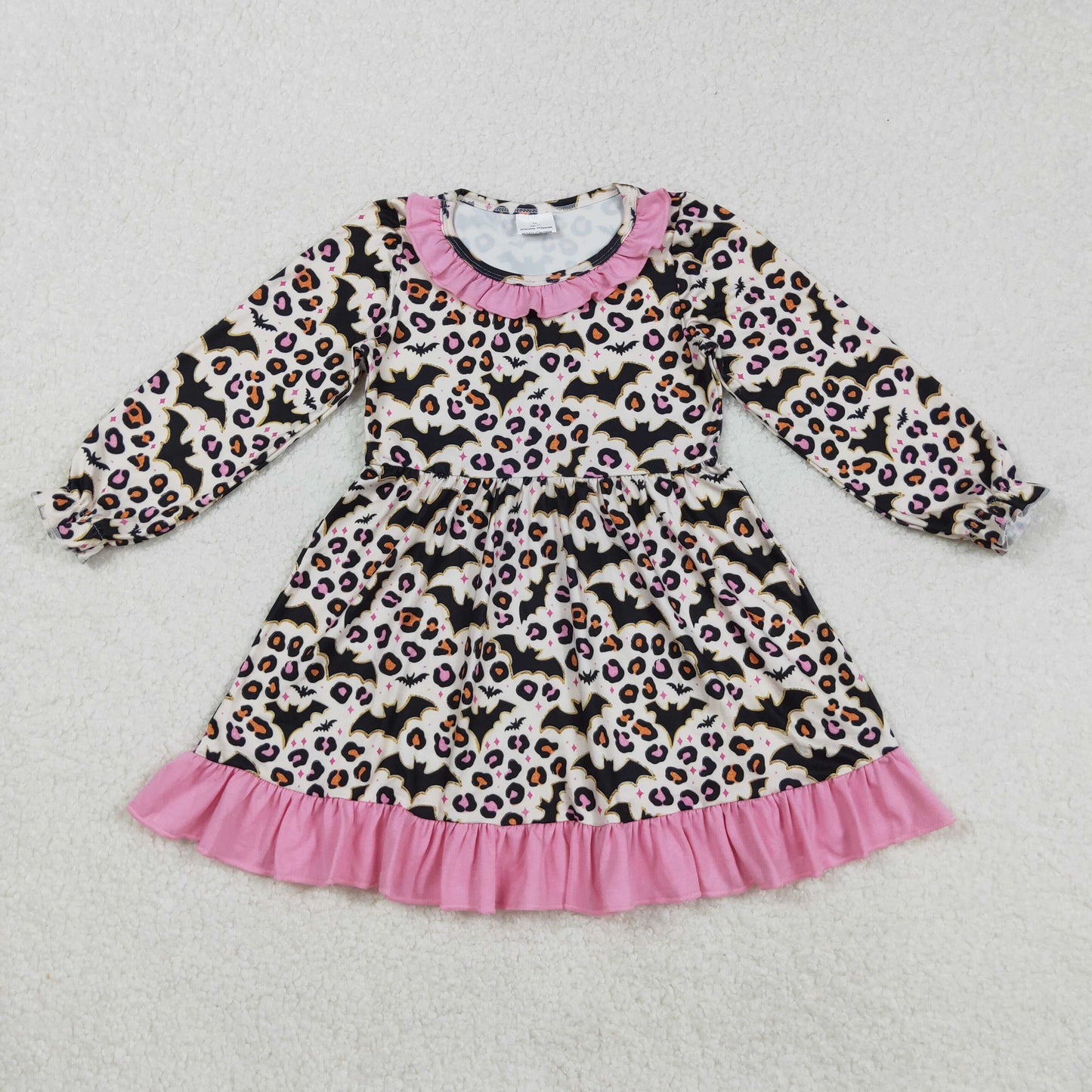 Girls Kids Long Sleeves Halloween Bats Leopard Sibling Ruffle Dress Romper RTS