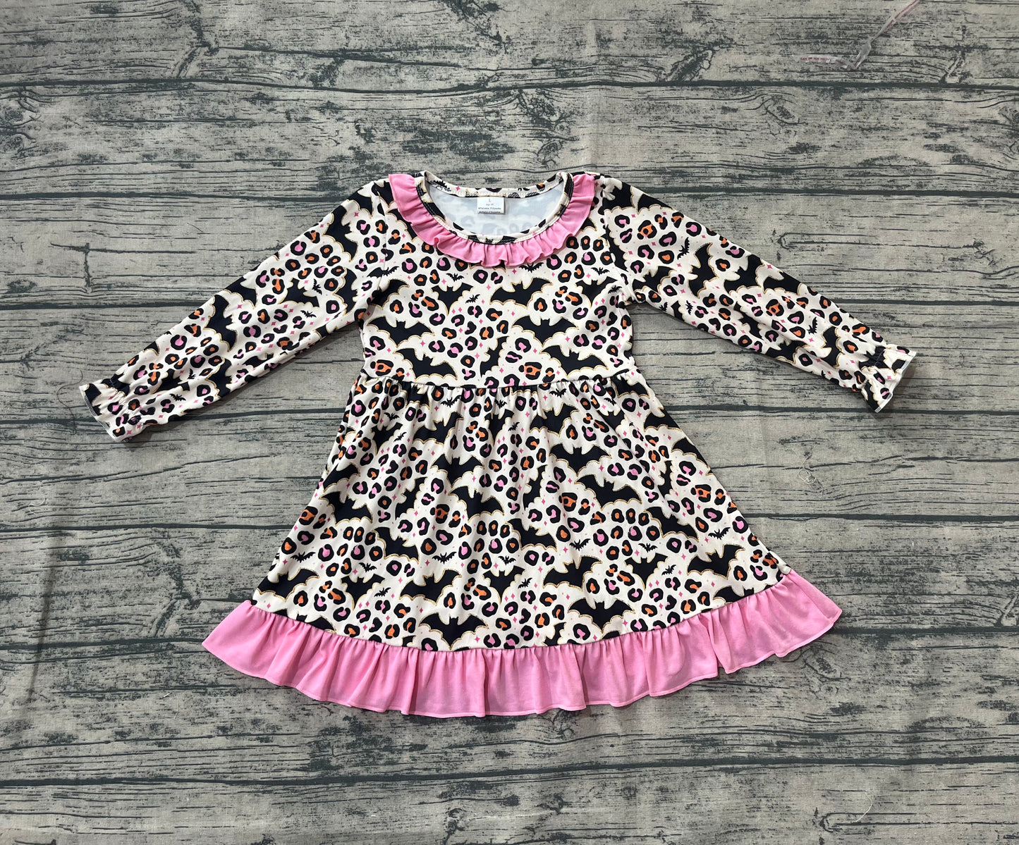 Baby Girl Infant Long Sleeves Bats Leopard Halloween Ruffle Dress RTS