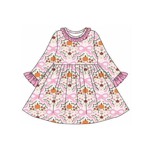 ( Moq 5 ) Preorder Baby Girl Long Sleeves Pumpkins Flower Bows Ruffle Fall Knee Length Dress