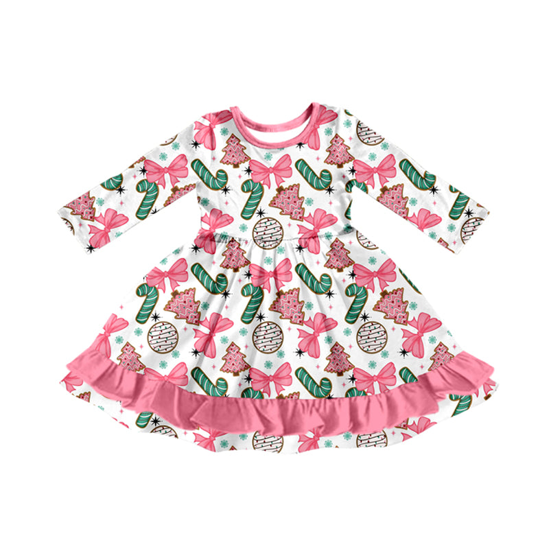 ( Moq 5 ) Preorder Baby Girl Long Sleeves Candy Cane Pink Bows Tree Christmas Ruffle Dress