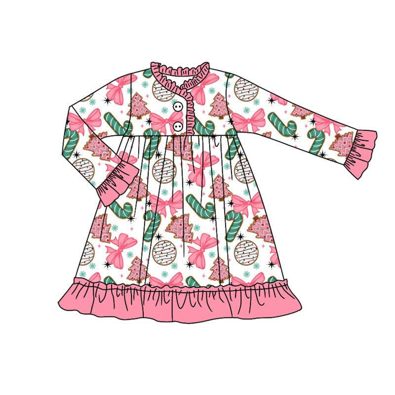 ( Moq 5 ) Preorder Baby Girl Long Sleeves Candy Cane Pink Bows Tree Christmas Gown Dress