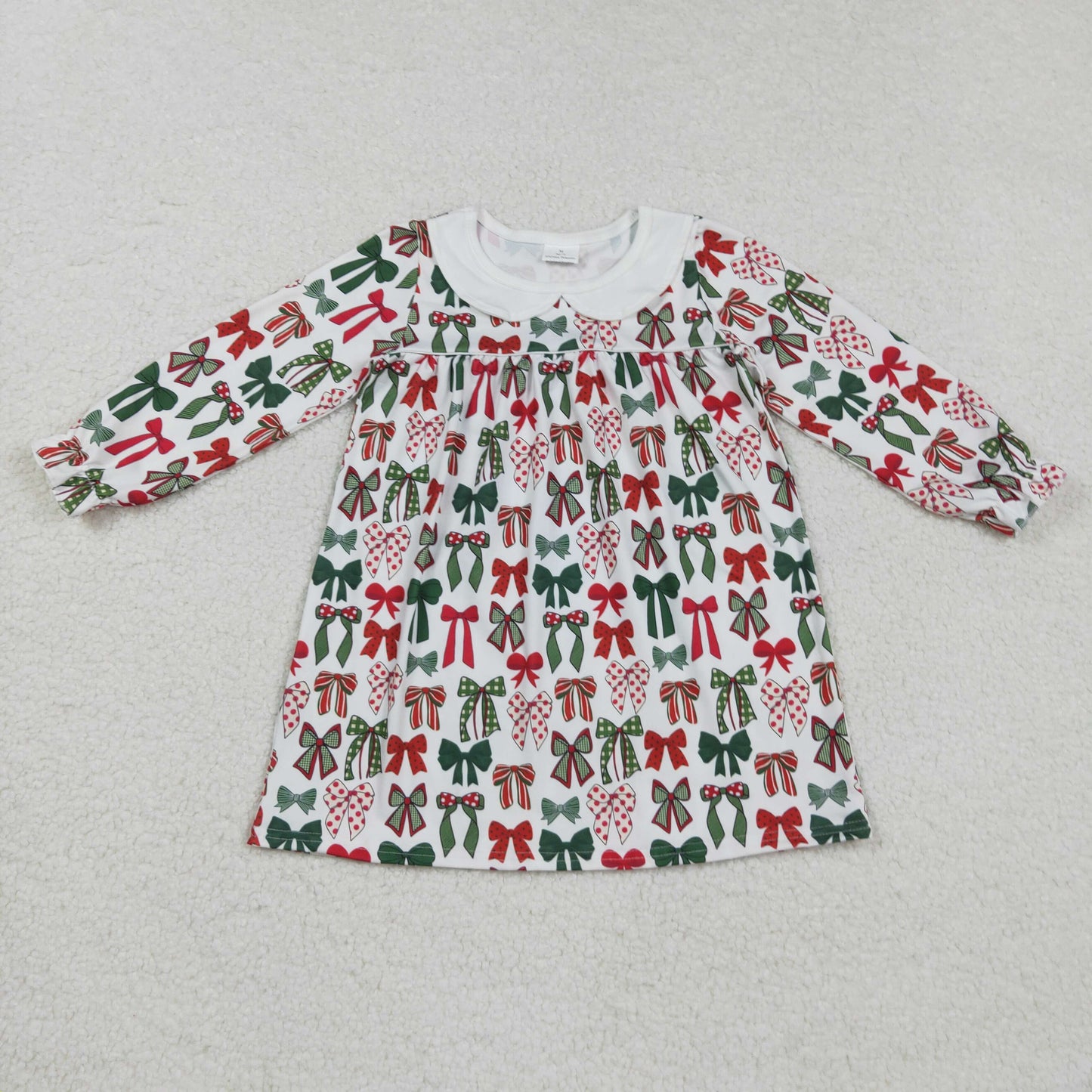 Sibling Baby Girls Green Red Bows Long Sleeves Christmas Knee Length Dresses