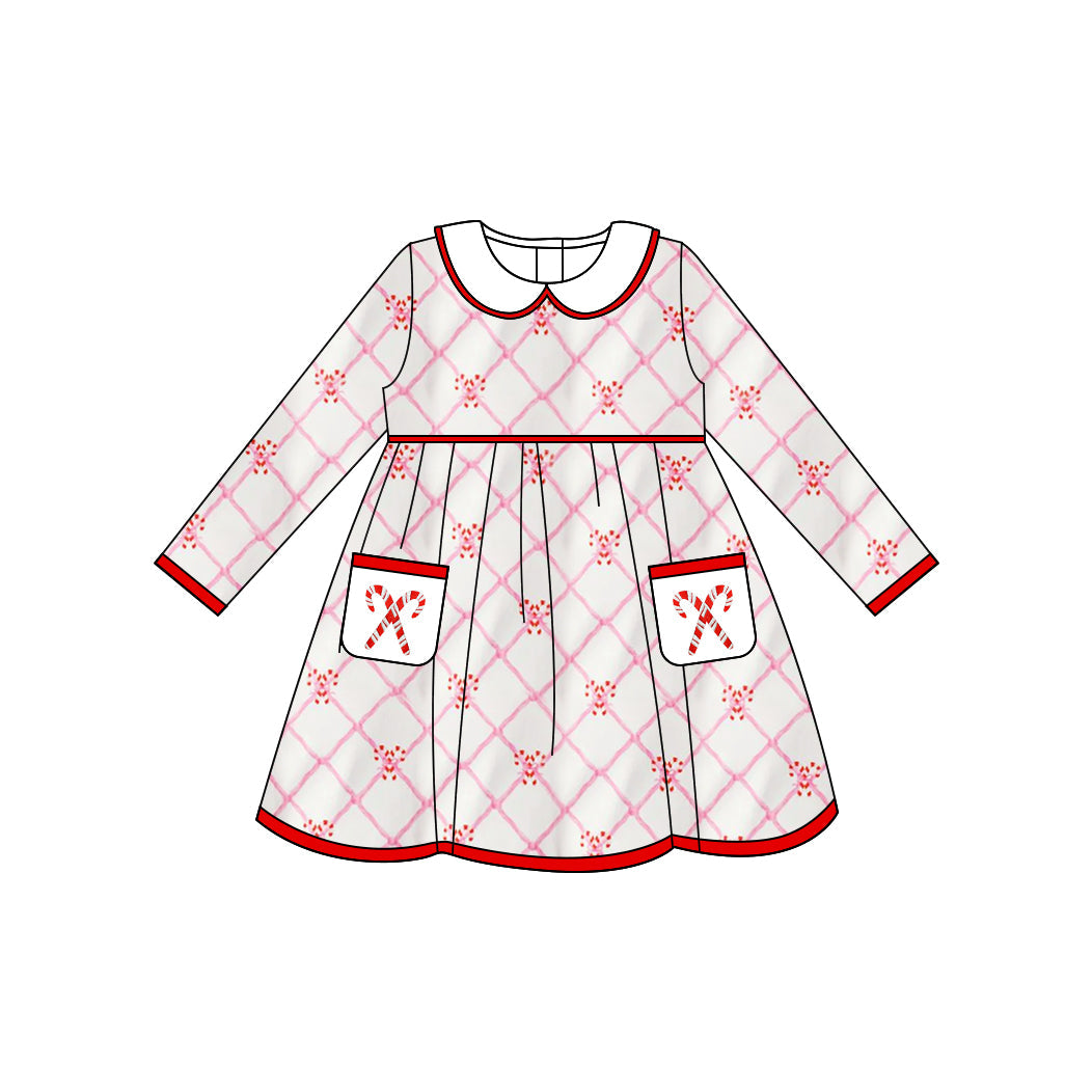 ( Moq 5 ) Preorder Baby Girl Long Sleeves Candy Cane Pockets Christmas Knee Length Dress