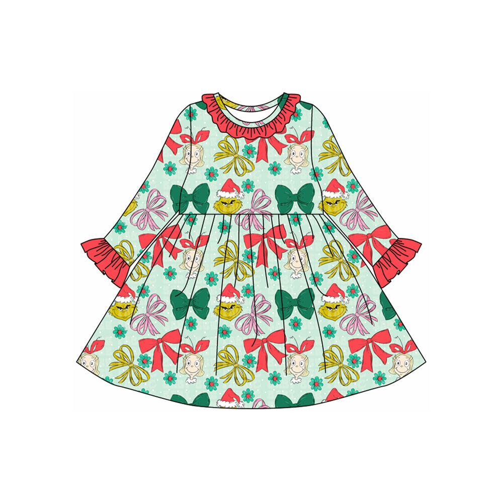 ( Moq 5 ) Preorder Baby Girl Long Sleeves Green Face Bows Flower Christmas Ruffle Dress