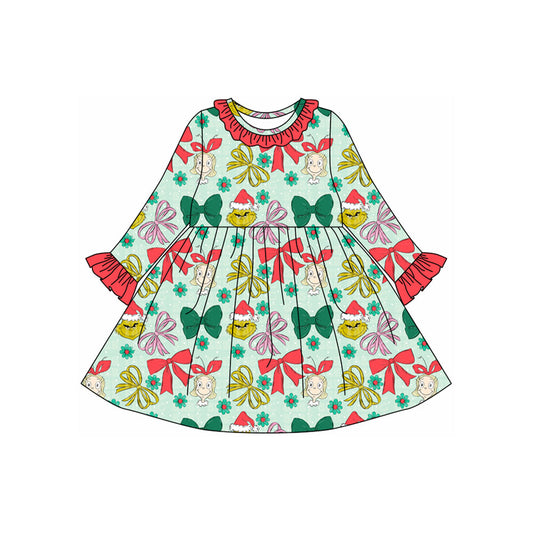 ( Moq 5 ) Preorder Baby Girl Long Sleeves Green Face Bows Flower Christmas Ruffle Dress