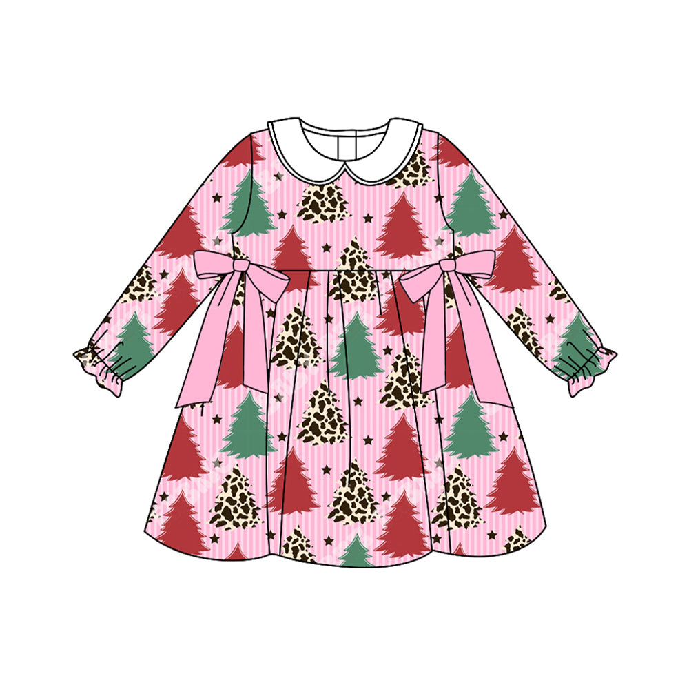 ( Moq 5 ) Preorder Baby Girl Long Sleeves Tree Christmas Pink Knee Length Dress