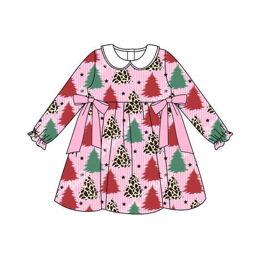 ( Moq 5 ) Preorder Baby Girl Long Sleeves Tree Christmas Pink Knee Length Dress
