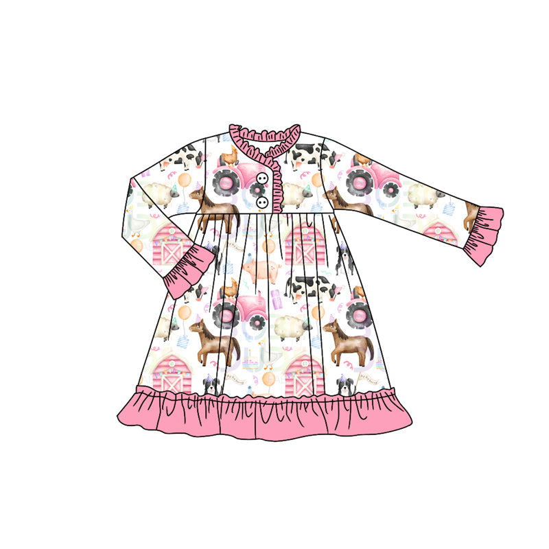 ( Moq 5 ) Preorder Baby Girl Long Sleeves Farm Animals Pink Knee Length Pajamas Gown Dress
