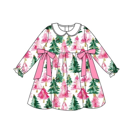 ( Moq 5 ) Preorder Baby Girl Long Sleeves Tree Bows Christmas Knee Length Dress
