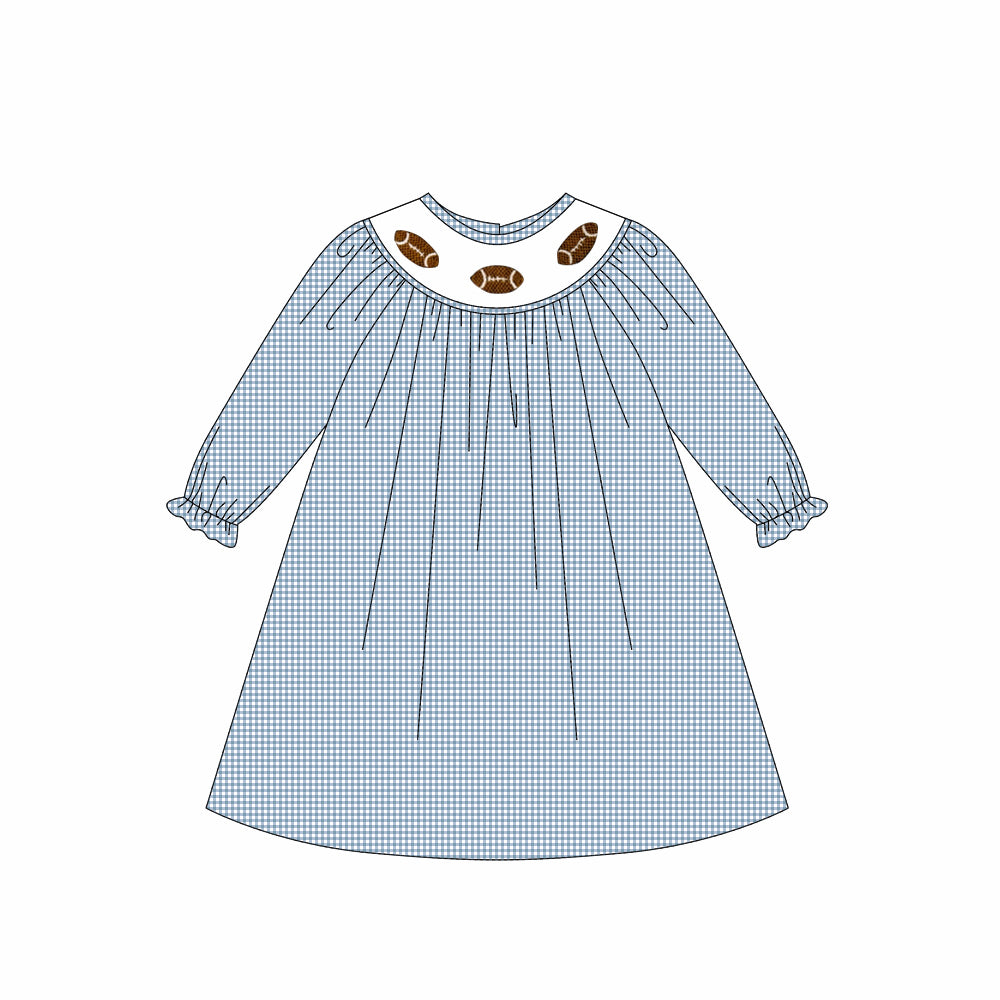 ( Moq 5 ) Preorder Baby Girl Long Sleeves Football Blue Plaid Knee Length Dress