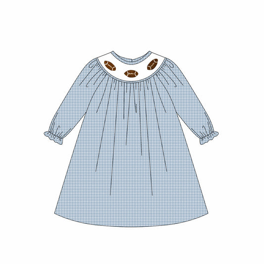 ( Moq 5 ) Preorder Baby Girl Long Sleeves Football Blue Plaid Knee Length Dress