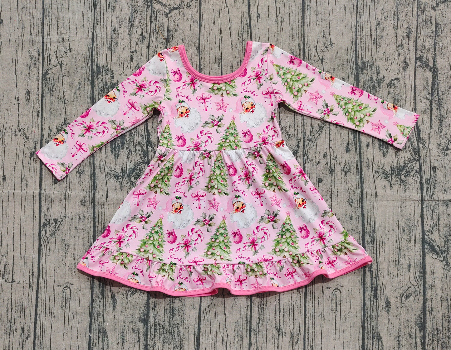 Baby Girl Pink Long Sleeves Santa Tree Christmas Knee Length Dress RTS